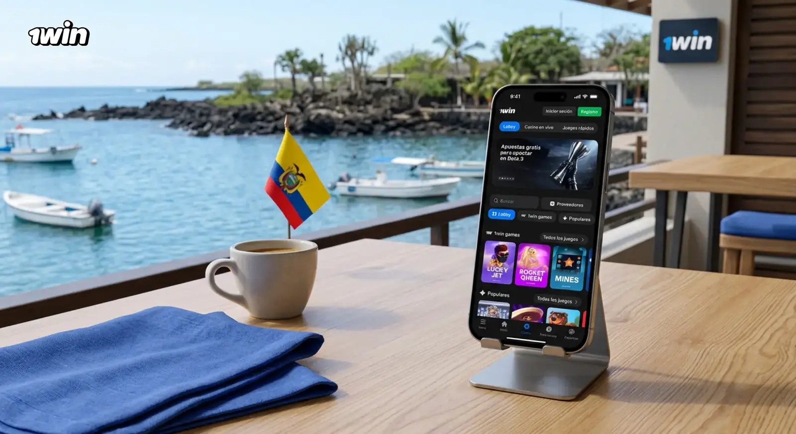 Celular con la app de 1win sobre una mesa frente a una bahía con botes, junto a una taza de café y la bandera de Ecuador