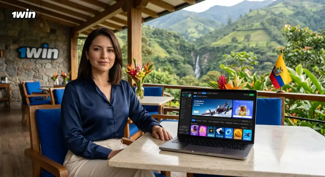 Mujer en una terraza de montaña con una cascada al fondo que usa 1win en su laptop, junto a la bandera de Ecuador