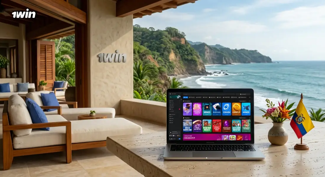 Laptop con el lobby de juegos de 1win sobre una mesa de terraza frente al mar, junto a la bandera de Ecuador