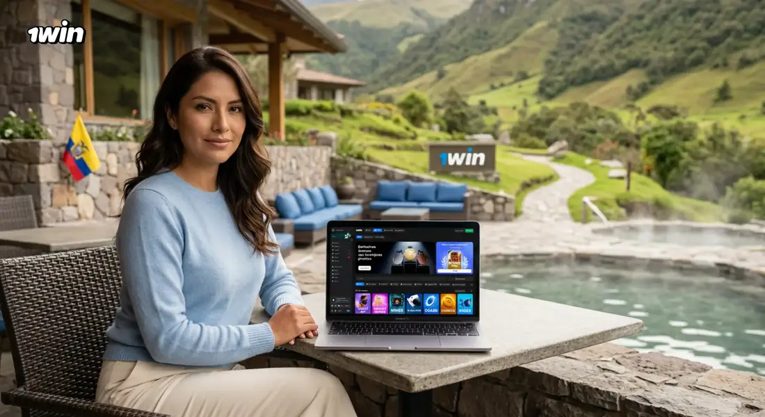 Mujer junto a unas aguas termales en los Andes con 1win abierto en su laptop y la bandera de Ecuador