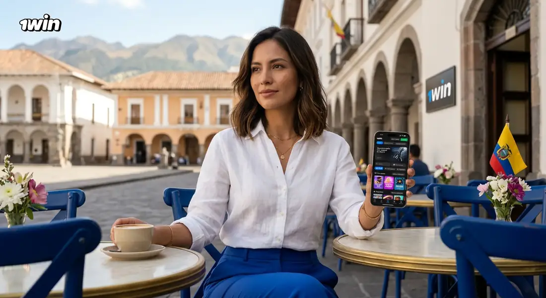 Mujer en una cafetería de una plaza colonial ecuatoriana que muestra la app de 1win en su celular